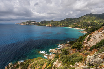 Fototapeta na wymiar Western coastline of Corsica in approach of Cargese village