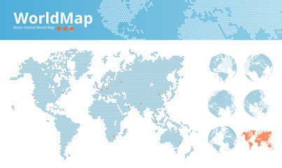 Vector dotted world map. Business world map with marked economic centers and earth globes. Illustration template for web design, annual reports, infographics, business presentations, printed material.