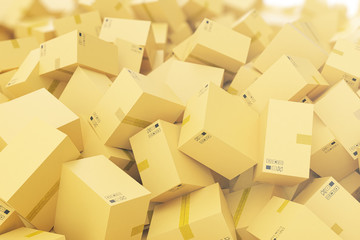 Stack of cardboard delivery boxes or parcels background. 3d rendering