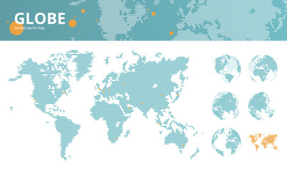 Business dotted world map with marked economic centers and earth globes. Vector illustration template for website design, annual reports, infographics, business presentations, printed material.