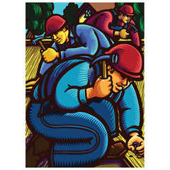 Three men in overalls and hard hats hammering nails into wood.