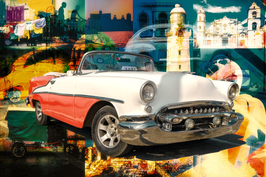 Collage of cuban landmarks and typical scenes with a classic car
