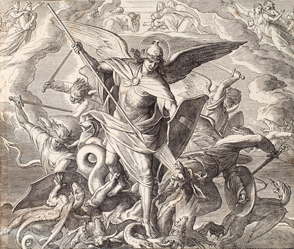 Archangel Michael fighting with dragon, engraving of Nazareene School, published in The Holy Bible, St.Vojtech Publishing, Trnava, Slovakia, 1937.