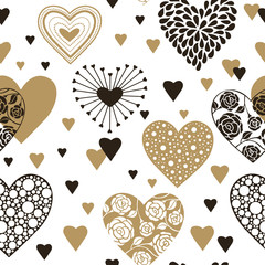 Cute hearts seamless background. Valentine's day ornament black and gold on white. Romantic tiled pattern for wrapping paper and wallpaper design.