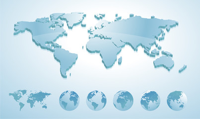 Fototapeta na wymiar 3d world map illustration with earth globes showing all continents. Vector illustration template for website design, annual reports, infographics, business and travel presentations, printed material.