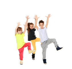 Cute funny children dancing on white background