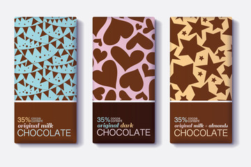 Vector Set Of Chocolate Bar Package Designs With Flags, Heartsm Stars Patterns. Milk, Dark, Almond. Editable Packaging Template Collection.