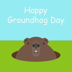 Obraz na płótnie Canvas Happy Groundhog Day. Funny cute marmot looking out of a burrow. Rodent isolated on background. Woodchuck. Vector illustration minimal flat design.