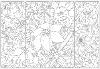 Doodle flowers for coloring.Vector set of monochrome bookmarks .