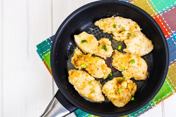 Pieces of meat breaded in a frying pan