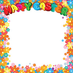Happy Easter Lettering with Colorful Floral Border