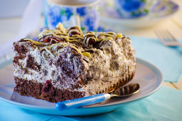 chocolate cake on a blue background