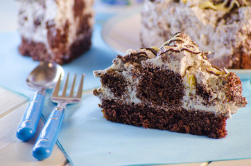 chocolate cake on a blue background