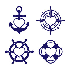 Marine heart icon set of anchor and compass