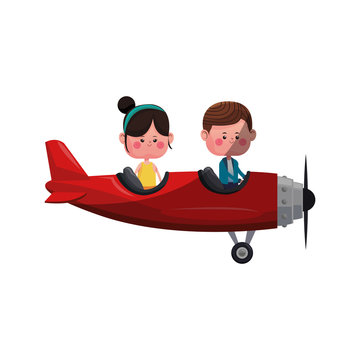kawaii couple in love on a plane over white background. colorful design. vector illustration