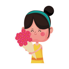 kawaii girl with flowers bouquet over white background. colorful design. vector illustration