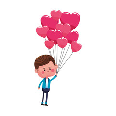 kawaii boy holding heart balloons over white background. colorful design. vector illustration