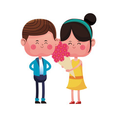 kawaii couple in love with flowers bouquet over white background. colorful design. vector illustration