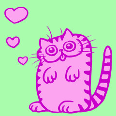 Pink flat color сat in love on Valentine's day. Funny cartoon character freehand digital drawing cute character. Green color background. Cheerful pet web icons and shirt. Isolated vector illustration.