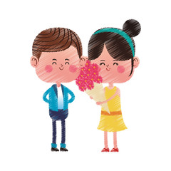 kawaii couple in love with flowers bouquet over white background. colorful design. vector illustration