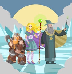 Naklejka premium fantasy role party team magic wizard elf and small barbarian viking together in ice lands
