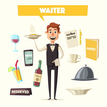 Funny waiter, cute character. Vector cartoon illustration