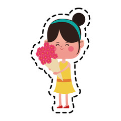 kawaii girl with flowers bouquet over white background. colorful design. vector illustration