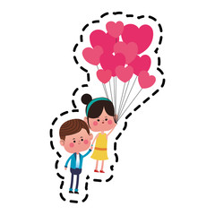kawaii couple in love holding a heart ballons over white background. colorful design. vector illustration
