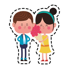 kawaii couple in love with flowers bouquet over white background. colorful design. vector illustration