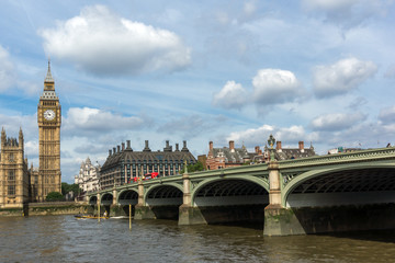 Fototapeta na wymiar LONDON, ENGLAND - JUNE 19 2016: Cityscape of Westminster Palace and Thames River, London, England, United Kingdom