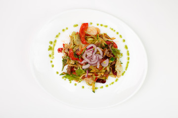 Beautiful meat salad on white background