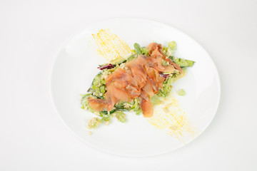 Beautiful meat salad on white background