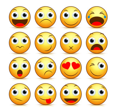 Vector cartoon smiley face set of yellow emoticons and icons with funny facial expressions and emotions isolated in white background with reflections. Vector illustration.
