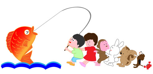 大物の魚を釣った釣り人に協力する動物たち