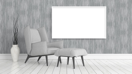 Modern bright interior with empty frame . 3D rendering