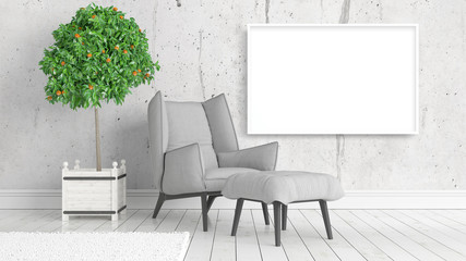 Modern bright interior with empty frame . 3D rendering