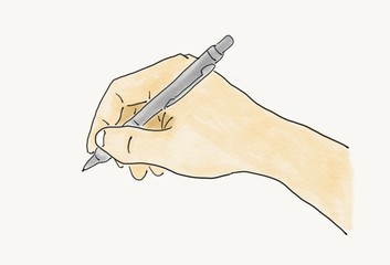 hand draw hand holding a pen isolated on white background, illustration, pastel watercolor style