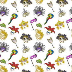 Obraz premium Venice Italy carnival masks seamless pattern. Hand drawn sketch Italian Venetian festival. Doodle Drawing background.