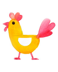 Yellow cartoon Chicken. Rooster. Chicken and Rooster watercolor