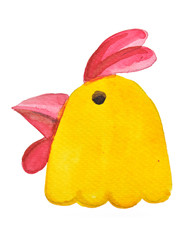 Yellow cartoon Chicken. Rooster. Chicken and Rooster watercolor