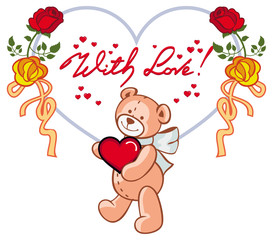 Heart-shaped frame with roses and teddy bear holding heart. Vector clip art.
