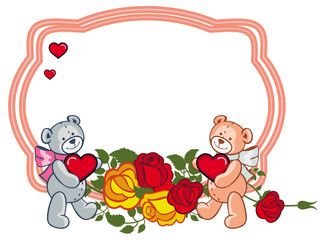 Oval frame with  roses and two teddy bears holding heart. Vector 
