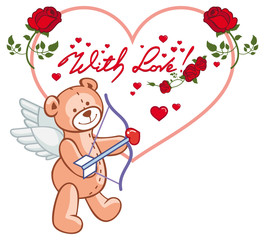 Heart-shaped frame with red roses and teddy bear. Vector clip art.