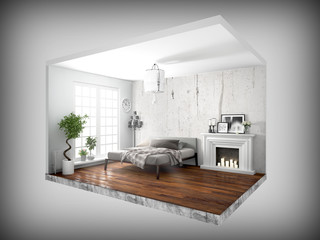 Interior without walls. 3D rendering