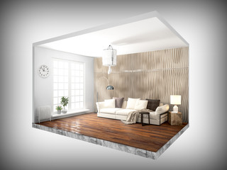 Interior without walls. 3D rendering