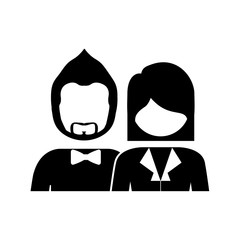 monochrome silhouette with half body couple without face she short hair and him with beard and bow tie vector illustration
