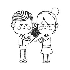 kawaii couple in love with flowers bouquet over white background. vector illustration