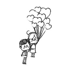 kawaii couple in love with heart balloons over white background. vector illustration