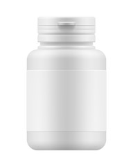 White blank template of plastic jar with cap for pills. 3d mock-up medical package for medication: tablets, vitamin or drugs. Medicine container for medicament. Vector pharmaceutical illustration