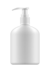 Vector realistic blank template of plastic bottle with dispenser. Mock-up of package. Empty and clean 3d white plastic container with pump for liquid soap, care cream, shampoo, body cream.